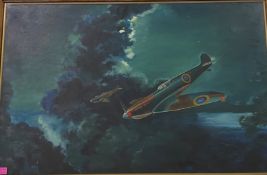 British School, 20th Century, Spitfires in a Night Sky, oil on canvas, unsigned, framed. 58cm by