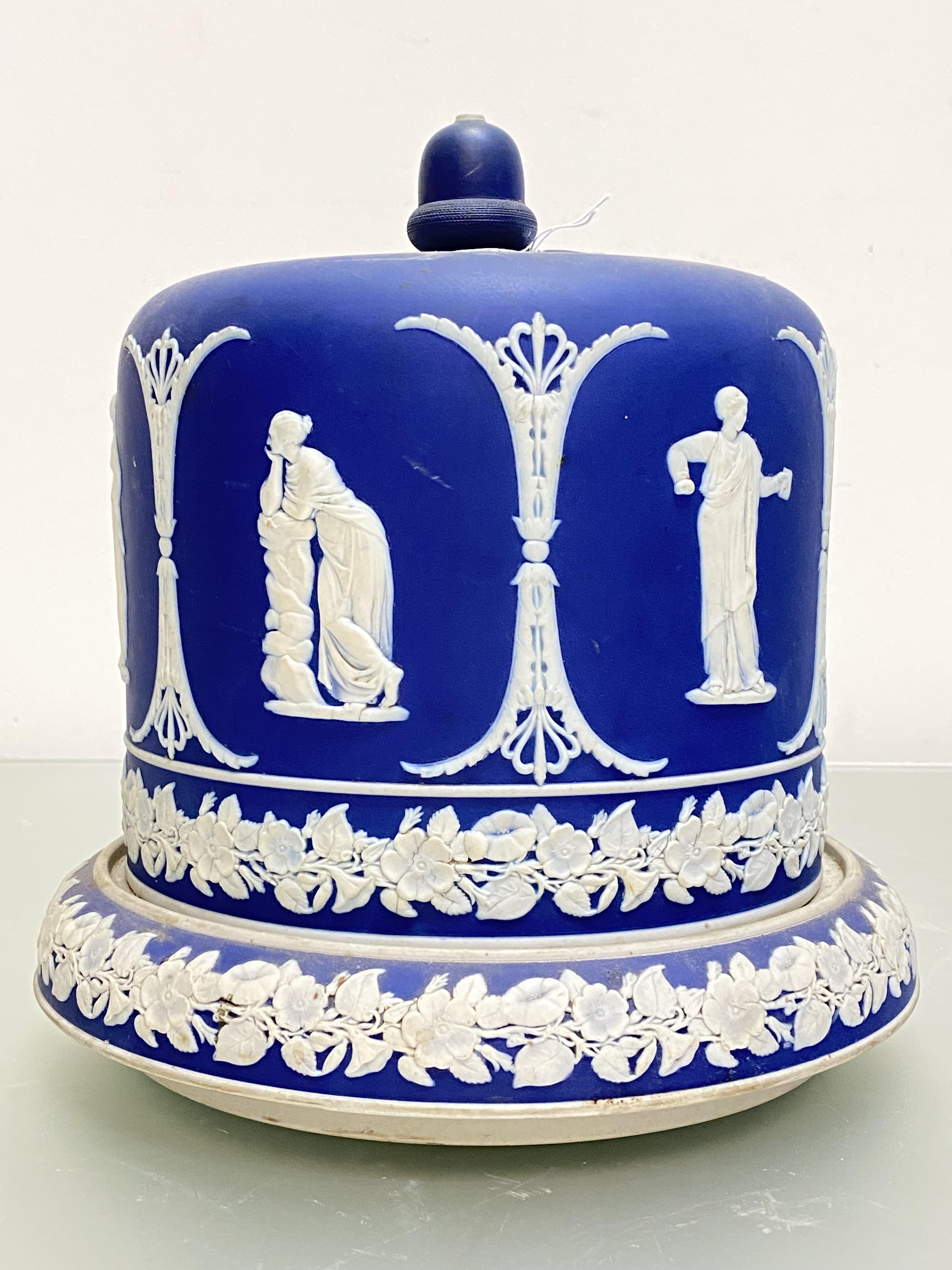 A 19th century tall mid-blue dip jasperware cheese dome, possibly Dudson (unmarked), the cover