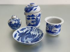 A group of Chinese blue and white porcelain comprising: a small baluster jar and cover, painted with