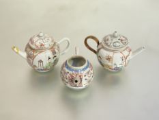 Two Chinese famille rose porcelain teapots, 18th century, each of bullet shape, one with rattan