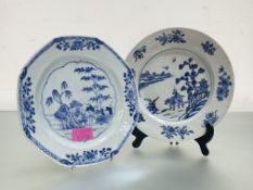 Two Chinese Export blue and white porcelain plates, late 18th century: the first, octagonal, painted