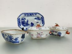 A group of Chinese Export porcelain comprising: a small tureen and cover, of shaped rectangular