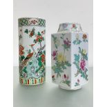 Two Chinese porcelain vases: the first of square form, with tapering circular neck, painted in a