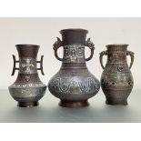 A group of Chinese enamelled bronze vessels in the Archaic style: the largest of baluster form, with