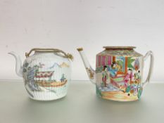 A Chinese famille rose teapot, the ribbed ovoid body painted with figures in pavilions and boats