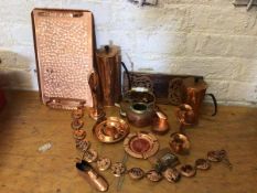 A quantity of copperware including copper and brass kettle, two Rhodesian copper coffee pots, ash