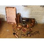 A quantity of copperware including copper and brass kettle, two Rhodesian copper coffee pots, ash