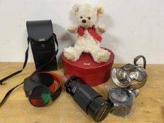 A mixed lot including a Steiff teddy bear in heart shaped box, bear measures 22cm, a Tamron camera
