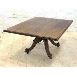 A Victorian mahogany tilt top dining table, the square moulded top over four scrolled and splayed