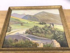 Bond Walker, rural landscape with mountains in background, oil, signed bottom left, measures 39cm