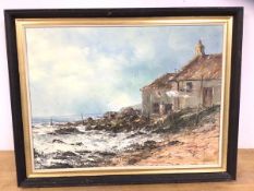 A Allan, Cottages on Windswept Coast, Oil, signed bottom right, measures 44cm x 59cm