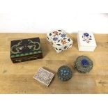 A mixed lot of boxes including white metal circular box with lapis lazuli inlay lacking one foot,