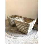 A Pair of reconstituted stone planters of square tapering form H20cm, W35cm, D35cm