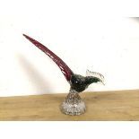 A Murano glass style pheasant in pinks and greens with some gilt decoration measures 25cm x 27cm x