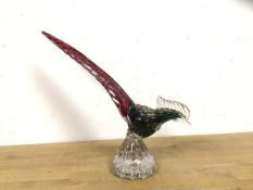 A Murano glass style pheasant in pinks and greens with some gilt decoration measures 25cm x 27cm x