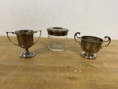 Two small silver trophies taller measures 6cm and glass jar with a silver top lacking a central