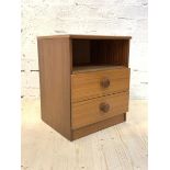 A mid century teak veneer bedside table, with an open shelf and two drawers, H54cm, W44cm, D38cm