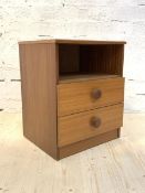 A mid century teak veneer bedside table, with an open shelf and two drawers, H54cm, W44cm, D38cm