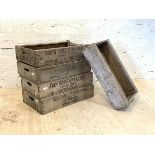 A Set of five boarded pine fish mongers crates, stamped, and with carry handle to each end, H18cm,