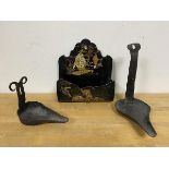 Two 18thc wall mounted oil burners taller measures 18cm and a Japanese ebonised and gilt wall pocket