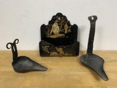 Two 18thc wall mounted oil burners taller measures 18cm and a Japanese ebonised and gilt wall pocket