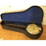 A miniature banjo in original travelling hard case, measures 52cm