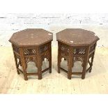 A Pair of Indian hardwood octagonal occasional tables, the tops with brass inlay over pierced