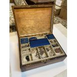 A 19thc inlaid hinged jewellery box a/f measures 11.5cm x 30cm x 23cm with silver chain, other