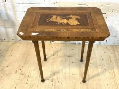 An Early 20th century walnut centre table, the top with horse and chariot, checkered and geometric