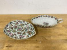A Chinese leaf shape trinket dish with raised edge and foliate and butterfly decoration along with a