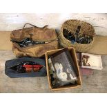 Fishing Interest:- A collection of fishing reels, a wicker creel, flies etc (a lot)