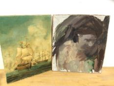 20thc School, Naval Battle, Oil, measures 46cm x 35cm and another portrait sketch, oil, (2)