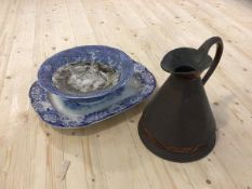 A mixed lot including a copper flaggon and a blue and white transfer printed meat dish, bowl and