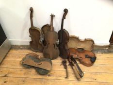 A collection of violins and violin parts, one inscribed David Gillespie and the other W Gillespie,