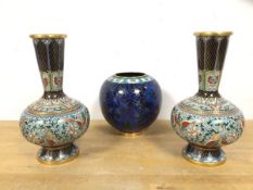 Two 20thc Cloisonne bottle shaped vases with foliate and butterfly decoration both with People's