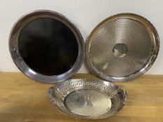 An Epns engine turned circular salver on ball feet measures 3cm x 29cm another drinks tray and