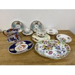 A mixed lot of china including a Dresden footed tea cup on six pegs and floral decoration along with