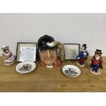 A mixed lot including a Royal Doulton Toby jug Gone Away measures 17cm high, a commemorative