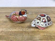 A Royal Crown Derby figure of bird and another of tortoise with gold stopper which measures 5cm x
