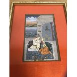 A modern Indian miniature painting in the Mughul style of a couple on rug, paper label verso