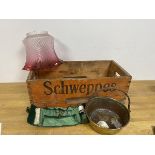 A mixed lot including a vintage Schweppes bottle crate measuring 17cm x 47cm x 22cm , a pink clear