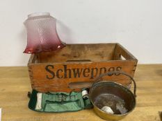A mixed lot including a vintage Schweppes bottle crate measuring 17cm x 47cm x 22cm , a pink clear