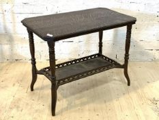 A late Victorian oak centre table, the rectangular top on turned supports united by a galleried