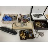 A quantity of costume jewellery including brooches, necklaces, earrings, beads etc (a lot)