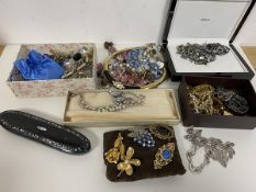 A quantity of costume jewellery including brooches, necklaces, earrings, beads etc (a lot)