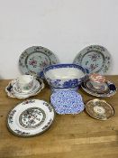 A mixed lot of china including a willow pattern serving dish with handles to sides measures 11cm x