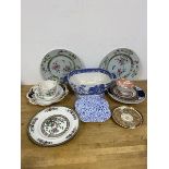 A mixed lot of china including a willow pattern serving dish with handles to sides measures 11cm x