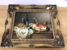 A Belle touch style still life depicting food and drink on table, oil, signed bottom right, measures