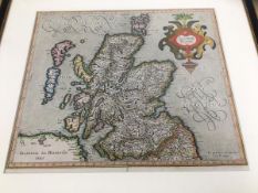 17thc map of Scotland, paper label verso inscribed Scotia Rgnum, date 1595, Gerard Mercatour
