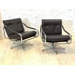 Tim Bates for Pieff, a pair of 1970s 'Beta range' chrome framed swivel lounge chairs, with leather
